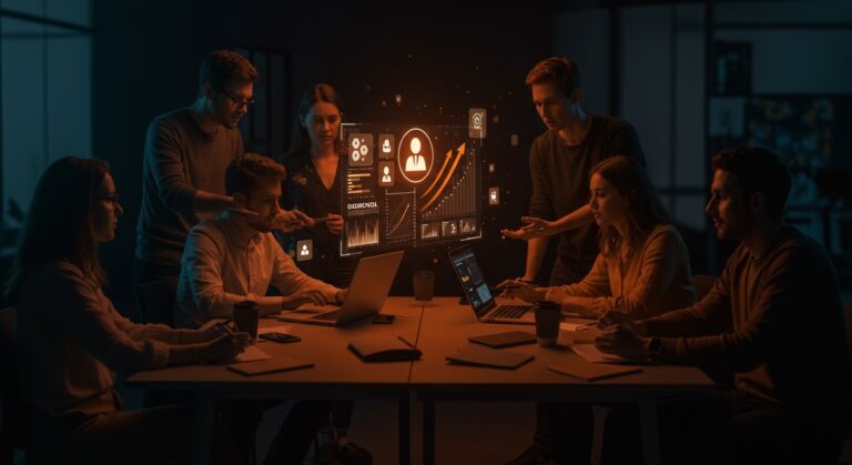 Profesionales de startup colaborando en la reconversión del talento mediante reskilling y competencias digitales en un entorno tecnológico avanzado.