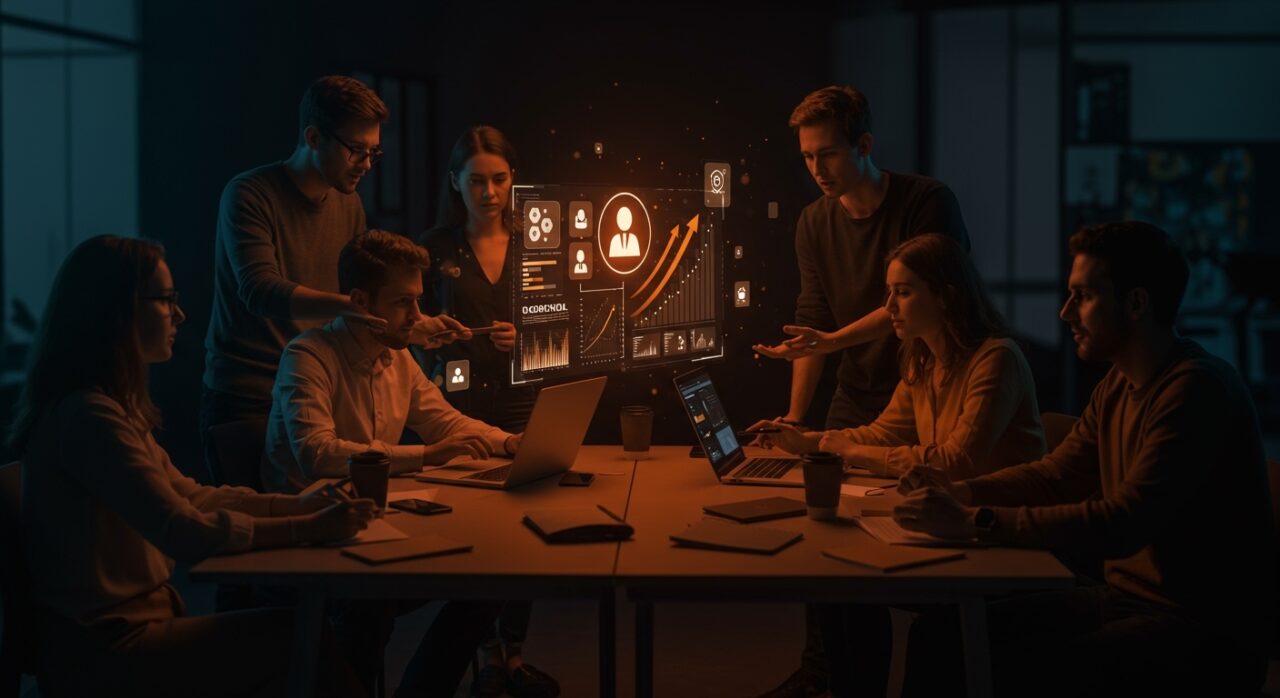 Profesionales de startup colaborando en la reconversión del talento mediante reskilling y competencias digitales en un entorno tecnológico avanzado.