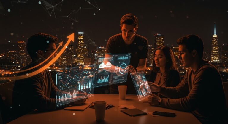 Jóvenes emprendedores tecnológicos chilenos colaborando en innovadoras ideas de startups con Silicon Valley de fondo, representando Red Bull Basement Chile 2026 e innovación tecnológica.