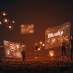 Colaboración de fundadores en redes sociales descentralizadas con visualización holográfica de Bluesky y Fediverse en ecosistema startup.