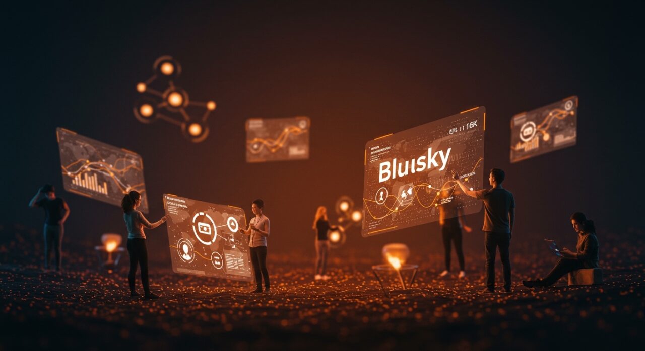 Colaboración de fundadores en redes sociales descentralizadas con visualización holográfica de Bluesky y Fediverse en ecosistema startup.