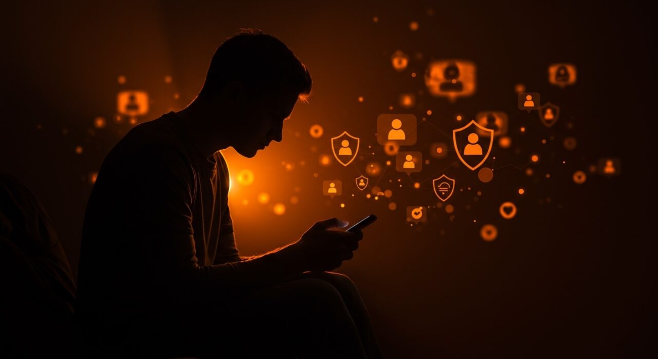 Fundador tech desconectándose de redes sociales, representando bienestar digital, gestión emocional y privacidad en la vida digital.