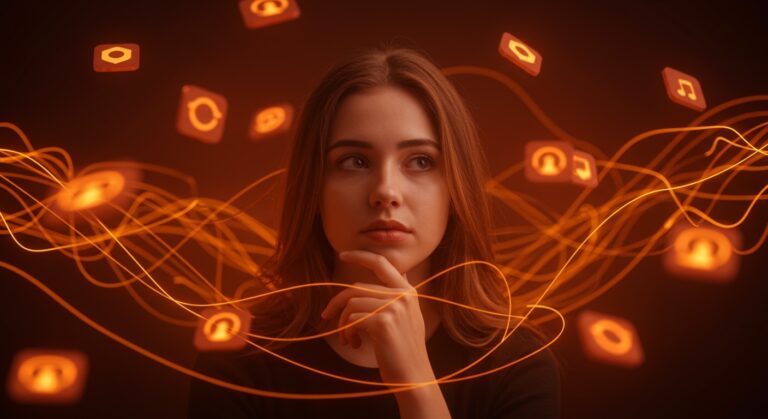 Mujer reflexionando en un entorno digital que representa la feminización y comportamiento en redes sociales para marketing digital y startups.