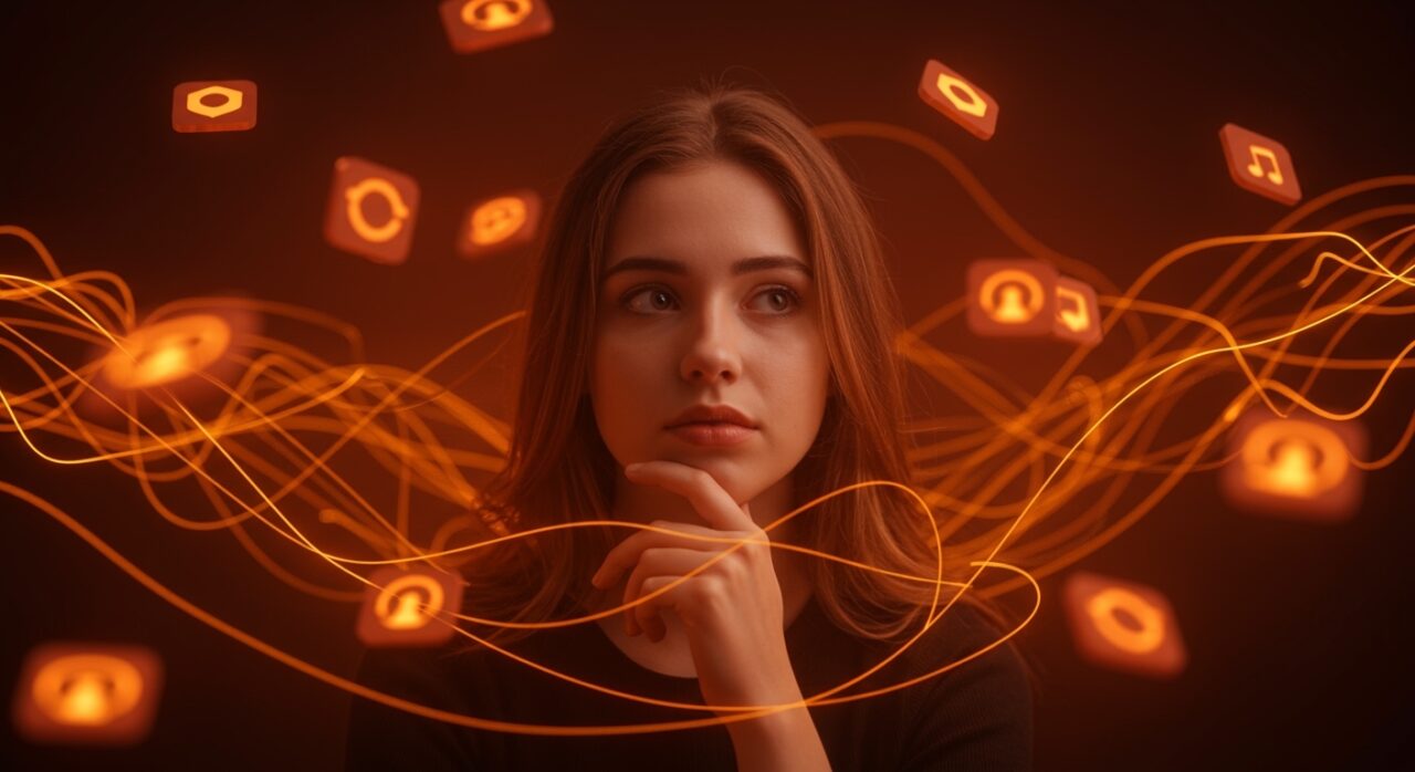 Mujer reflexionando en un entorno digital que representa la feminización y comportamiento en redes sociales para marketing digital y startups.