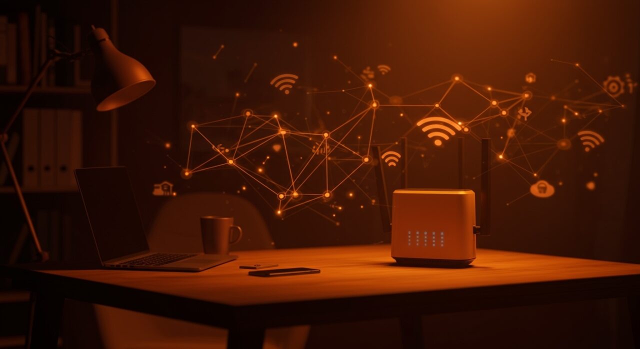 Red WiFi mesh para home office con dispositivos conectados y señal estable, destacando conexiones inteligentes y tecnologías de conectividad 2026.