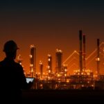 Fundador frente a refinerías de petróleo iluminadas en tonos naranja y negro, simbolizando oportunidades tecnológicas en el mercado energético y petroquímico.