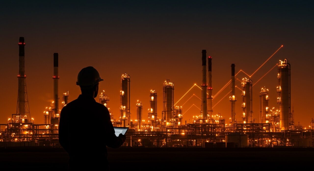 Fundador frente a refinerías de petróleo iluminadas en tonos naranja y negro, simbolizando oportunidades tecnológicas en el mercado energético y petroquímico.