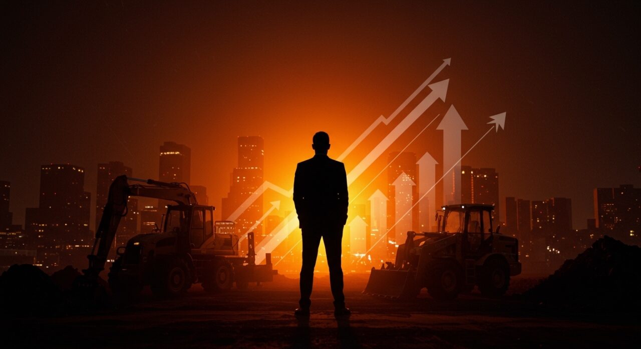 Líder empresarial frente a maquinaria moderna y mapa de Latinoamérica, simbolizando el pivot y cierre estratégico de RendaloMaq en el mercado startup constructech.