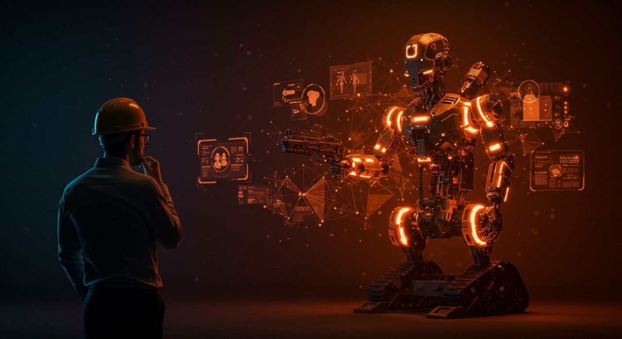 Ingeniero renunciando al desarrollo de robots armados ilustrando la ética en robótica y emprendimiento en startups.