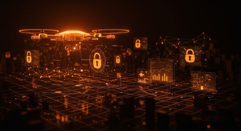 Imagen de drone sobre ciudad digital con elementos visuales de regulación FAA y derechos digitales en el contexto de startups de tecnología.