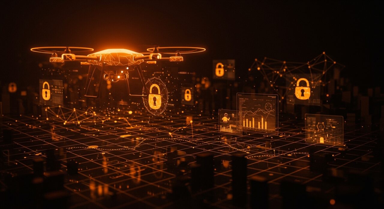 Imagen de drone sobre ciudad digital con elementos visuales de regulación FAA y derechos digitales en el contexto de startups de tecnología.