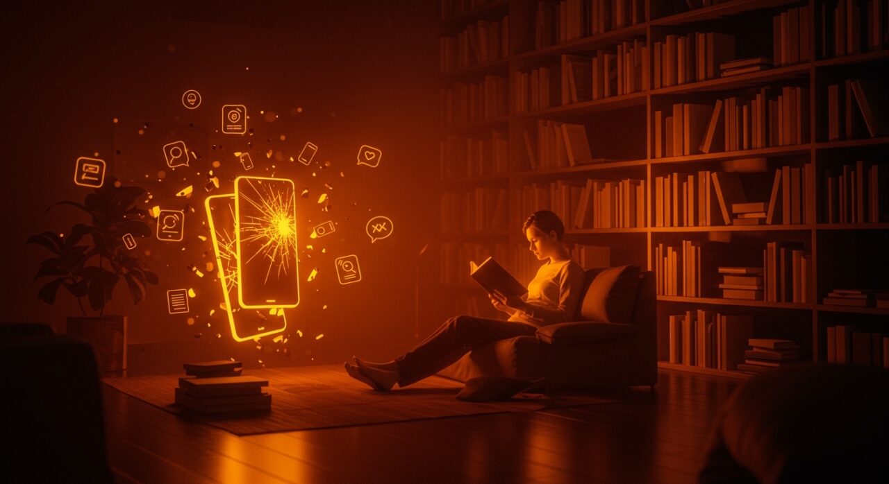 Persona en retiro literario leyendo sin móvil, simbolizando la desconexión digital y el bienestar en turismo de bienestar.