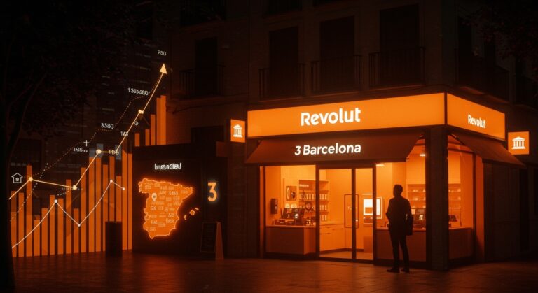 Tienda física de Revolut en Barcelona representando la expansión fintech y valoración de startups en banca digital en España.