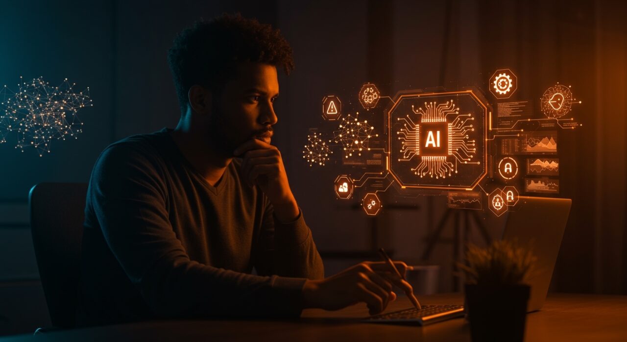 Founder tech evaluando riesgos estratégicos de automatizar procesos con IA en un entorno tecnológico moderno.