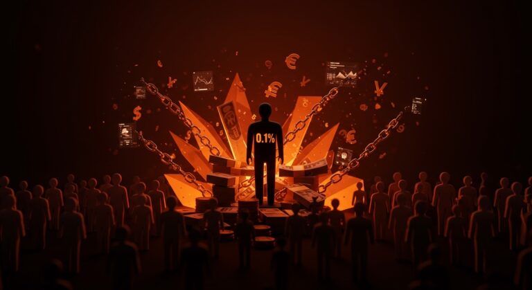 Visualización de desigualdad económica global con riqueza oculta offshore del 0,1% comparada con la mitad más pobre, resaltando evasión fiscal y paraísos fiscales.
