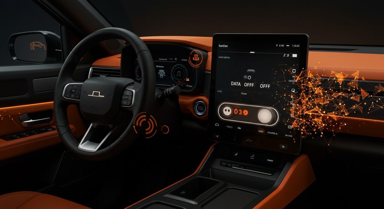 Interfaz digital de vehículo Rivian con telemetría desactivada mostrando controles de privacidad en movilidad eléctrica y vehículos conectados IoT.