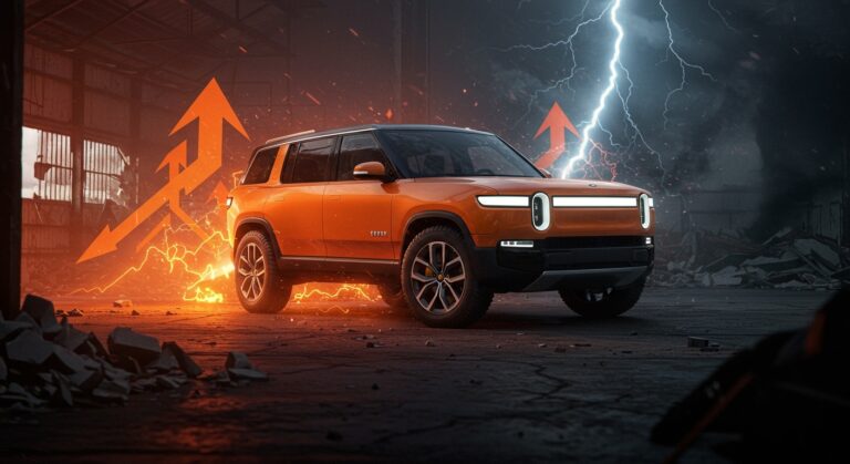 Rivian R2 eléctrico mostrando resistencia tras tornado en planta, simbolizando innovación y producción en movilidad eléctrica para startups automotrices.