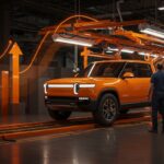 Camión eléctrico Rivian en producción con un fundador observando, simbolizando la financiación federal y el crecimiento de startups en movilidad eléctrica.