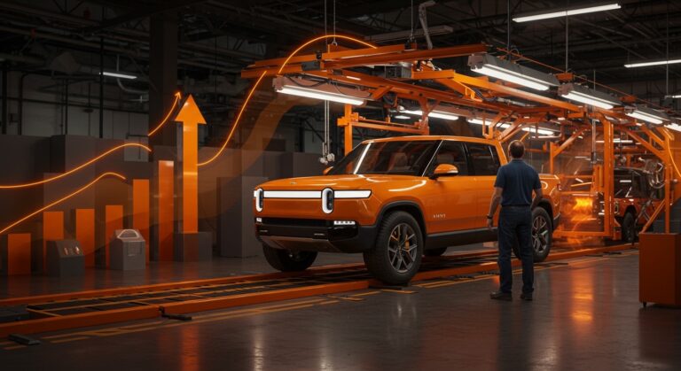 Camión eléctrico Rivian en producción con un fundador observando, simbolizando la financiación federal y el crecimiento de startups en movilidad eléctrica.