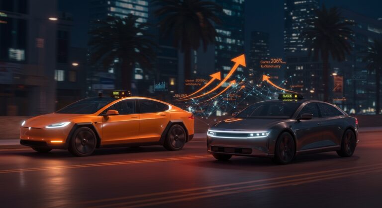 Robotaxis biplaza Tesla Cybercab y Lucid Lunar en transporte urbano autónomo, destacando reducción de costos y oportunidades para startups de movilidad.