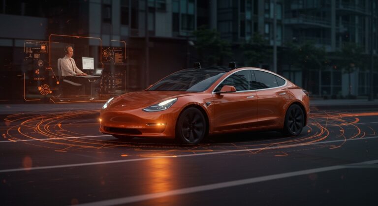 Tesla robotaxi mostrando autonomía real y operadores remotos en tecnología de conducción autónoma y movilidad automatizada.