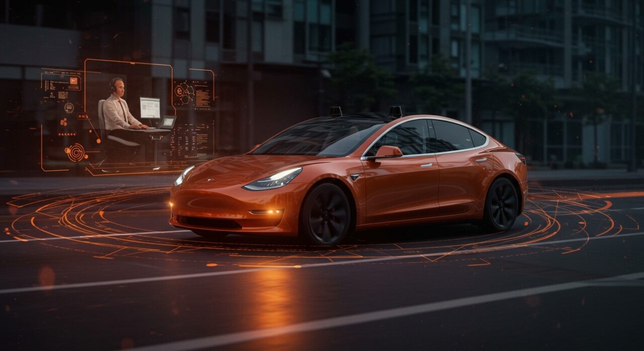 Tesla robotaxi mostrando autonomía real y operadores remotos en tecnología de conducción autónoma y movilidad automatizada.