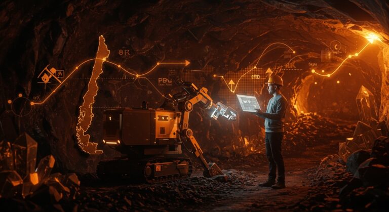 Robótica minera chilena Robotia expandiéndose a Perú tras inversión de US$1M del Fondo Alza, ilustración de tecnología deeptech y crecimiento internacional.