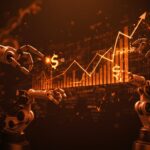 Robótica y automatización en Wall Street con gráficos bursátiles y brazos robóticos simbolizando inversión tecnológica.