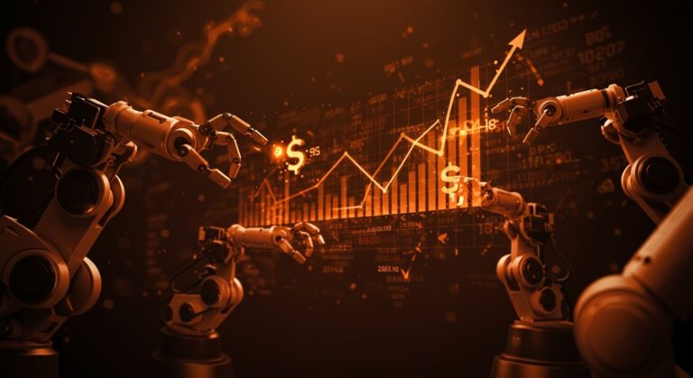Robótica y automatización en Wall Street con gráficos bursátiles y brazos robóticos simbolizando inversión tecnológica.