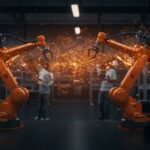 Robots industriales y cobots trabajando en una fábrica moderna que ilustra la automatización empresarial y el auge de la robótica en España para startups tecnológicas.
