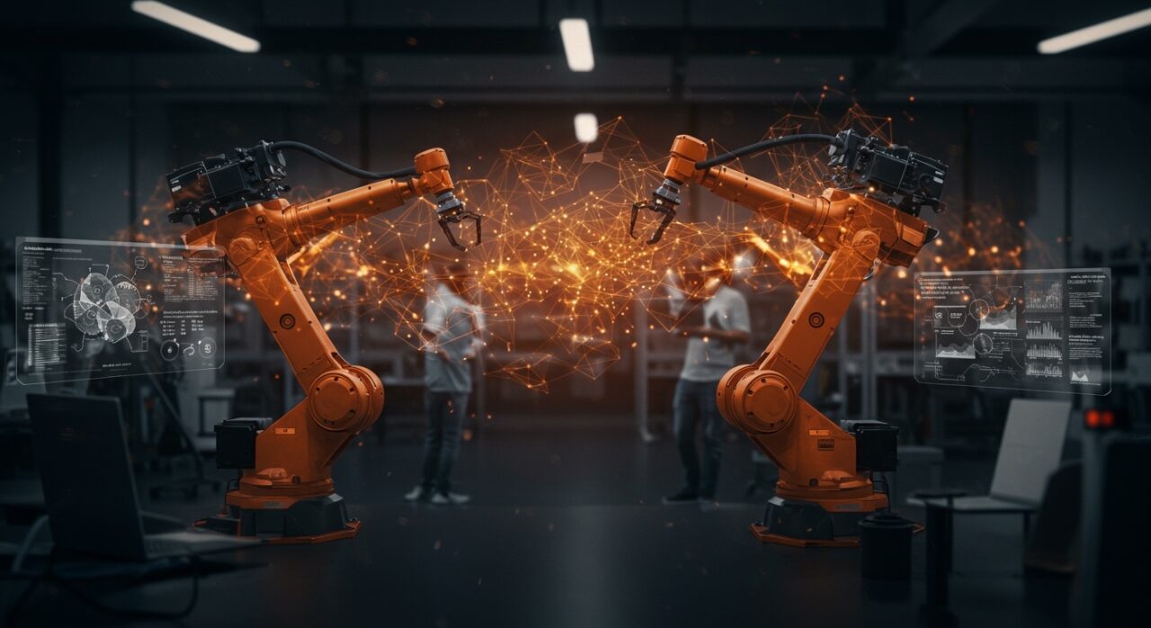 Robots industriales y cobots trabajando en una fábrica moderna que ilustra la automatización empresarial y el auge de la robótica en España para startups tecnológicas.