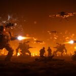 Robots militares ucranianos realizando misiones en combate mientras soldados rusos se rinden, ilustrando la innovación en guerra tecnológica y automatización.