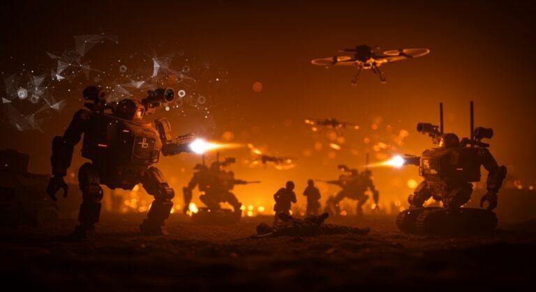 Robots militares ucranianos realizando misiones en combate mientras soldados rusos se rinden, ilustrando la innovación en guerra tecnológica y automatización.