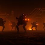 Robots militares autónomos en formación de manada de lobos con IA de enjambre, destacando innovación en robótica y tecnología de defensa china.