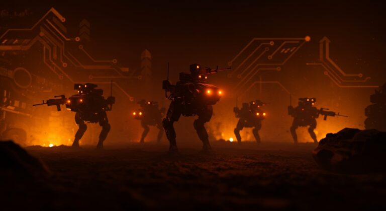 Robots militares autónomos en formación de manada de lobos con IA de enjambre, destacando innovación en robótica y tecnología de defensa china.