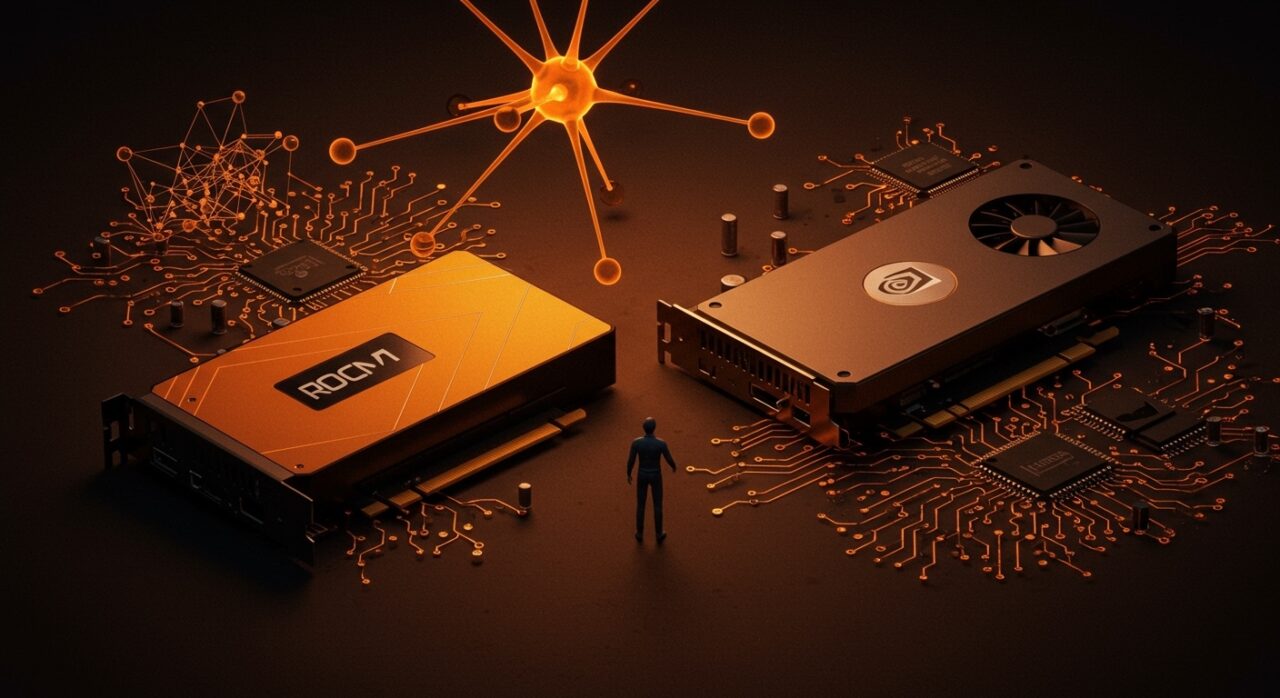 Comparativa visual de ROCm de AMD frente a CUDA de NVIDIA en el contexto de infraestructura de inteligencia artificial y software open source.