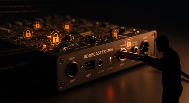 Dispositivo Rodecaster Duo con SSH activado por defecto destacando la seguridad en hardware para startups IoT.