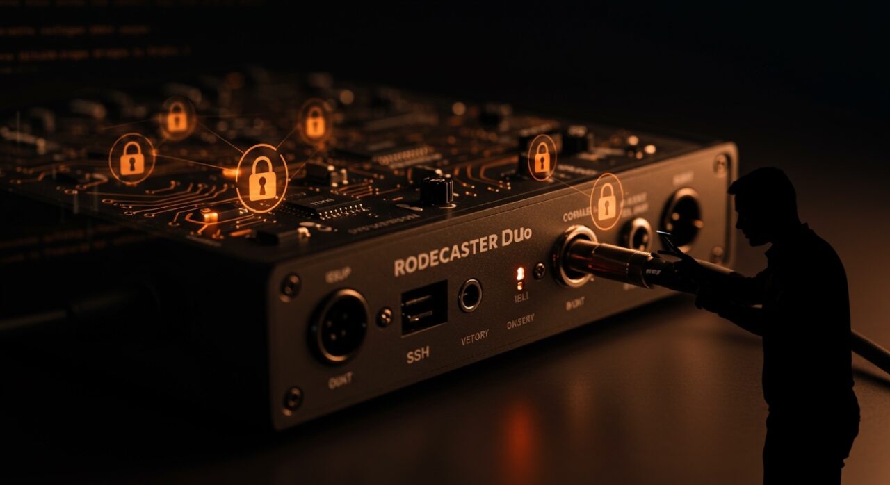 Dispositivo Rodecaster Duo con SSH activado por defecto destacando la seguridad en hardware para startups IoT.