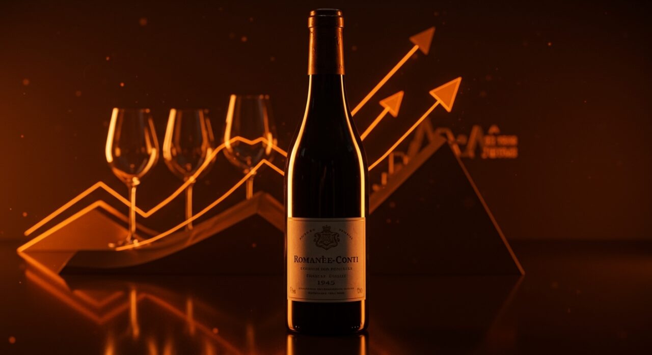 Botella vintage Romanée-Conti 1945 iluminada en tonos naranja y negro representando récord de venta y tendencias de inversión en activos alternativos.