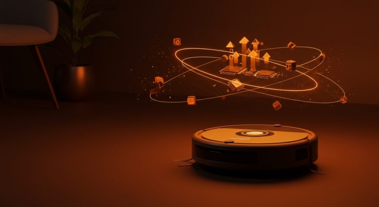Robot aspirador compacto Roomba Mini en un hogar inteligente, destacando potencia de succión y tecnología IoT para domótica 2026.