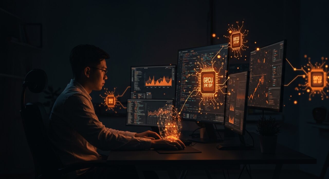 RunPod Flash implementando despliegue serverless GPU sin Docker para desarrollo de IA en startups, en ecosistema tecnológico naranja y negro.