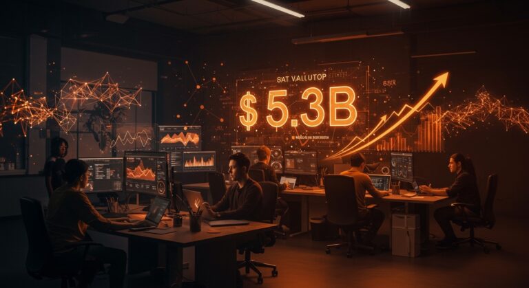 Startup de IA Runway valorada en 5.3B dólares con tecnología de video IA generativo, destacada en Forbes IA 50, mostrando colaboración y crecimiento en un espacio moderno.