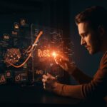Desarrollador aprendiendo Rust ownership con interfaz holográfica, representando programación segura y modelo pedagógico acelerado.