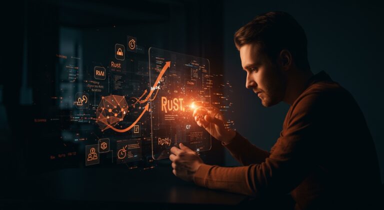 Desarrollador aprendiendo Rust ownership con interfaz holográfica, representando programación segura y modelo pedagógico acelerado.
