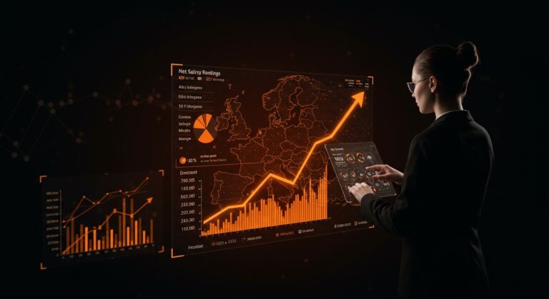 Visualización editorial de salarios europeos netos y tendencias de costos laborales según Eurostat, con gráfico digital y figura ejecutiva analizando datos.
