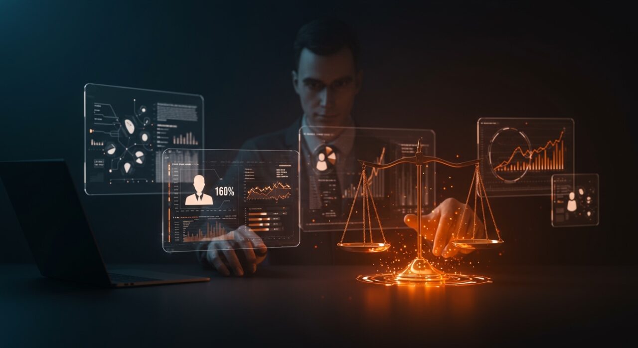 Visualización conceptual de salarios de vigilancia definidos por algoritmos que analizan datos personales en el contexto de negociación salarial y legislación tecnológica.