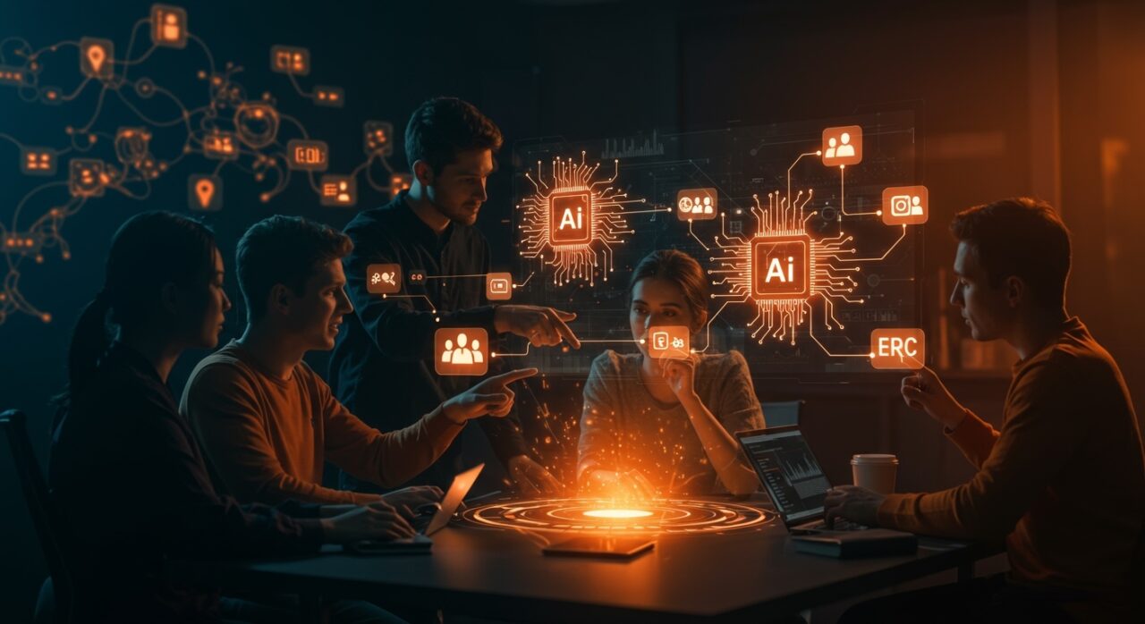 Equipo de startup colaborando en un roadmap de IA inspirándose en feedback de clientes y crowdsourcing, ambientado con paleta naranja y negro.