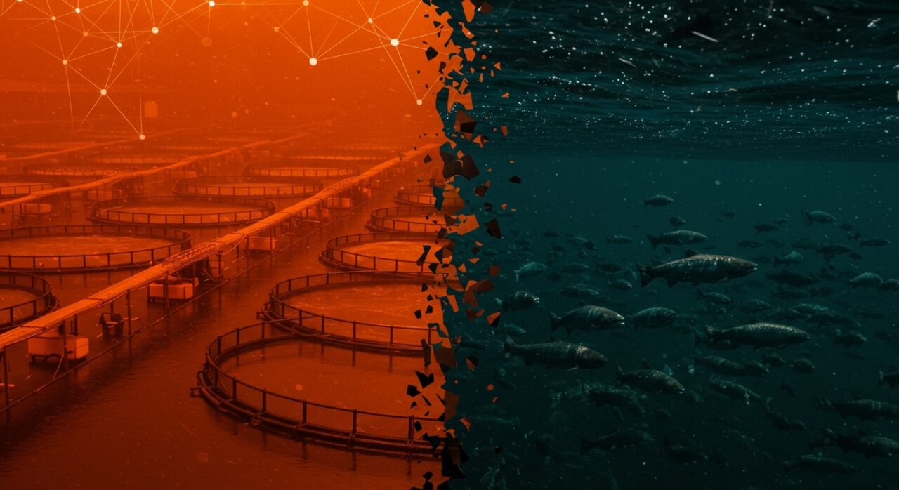 Contraste visual entre acuicultura de salmón en granjas y la disminución de salmón salvaje en un contexto de sostenibilidad y tendencias de mercado.