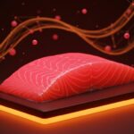 Salmón de acuicultura con color rosado artificial resaltado en un ambiente futurista que refleja innovación en food tech y sostenibilidad en la industria alimentaria.