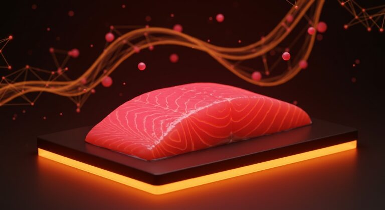 Salmón de acuicultura con color rosado artificial resaltado en un ambiente futurista que refleja innovación en food tech y sostenibilidad en la industria alimentaria.